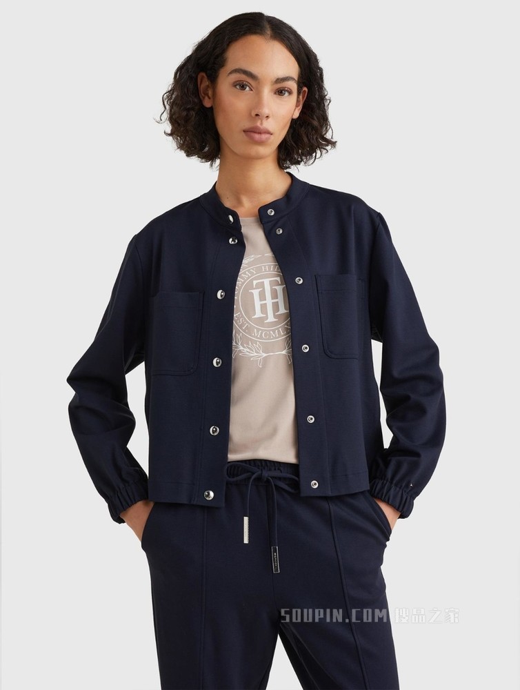 Tommy 22新款春夏女装中性工装风金属扣立领宽松单夹克外套33196