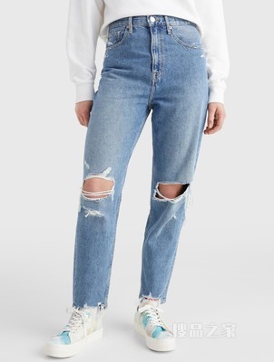 Tommy 22新款春夏女装时尚复古棉麻刺绣破洞锥形牛仔裤DW0DW12387