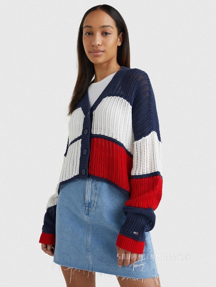 Tommy 22新款春夏女装经典红白蓝拼色短款纽扣针织开衫DW0DW12537