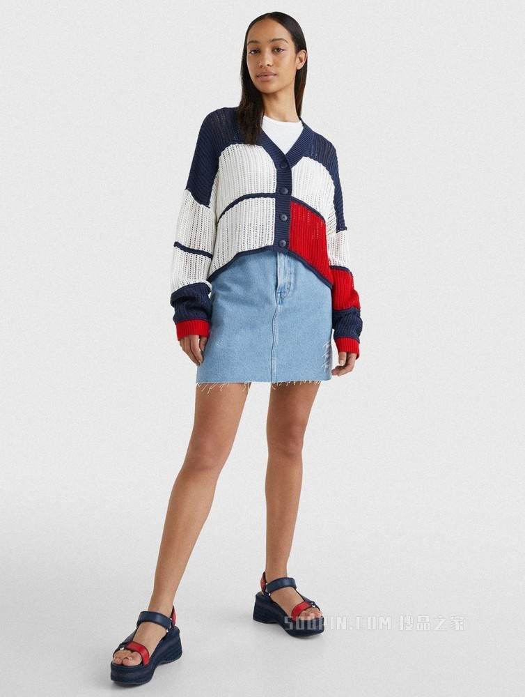 Tommy 22新款春夏女装经典红白蓝拼色短款纽扣针织开衫DW0DW12537