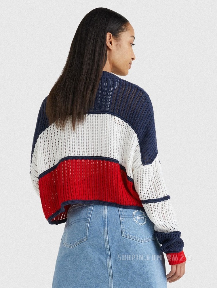 Tommy 22新款春夏女装经典红白蓝拼色短款纽扣针织开衫DW0DW12537