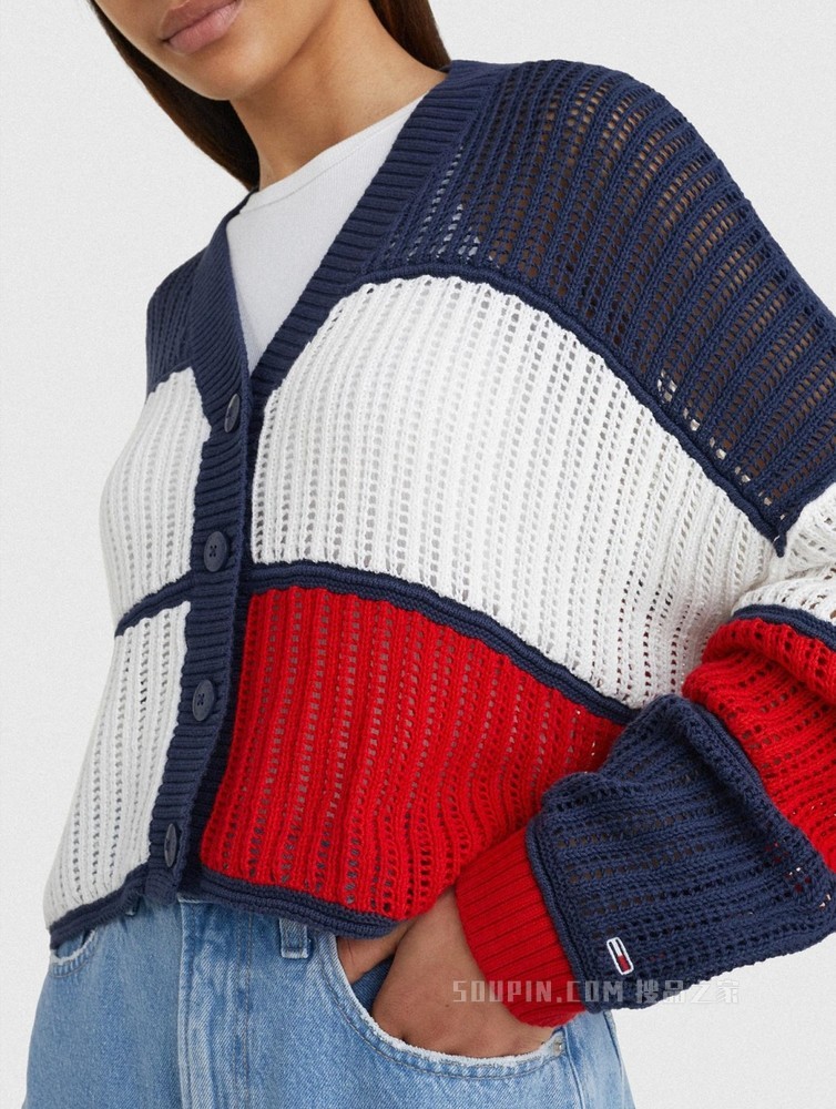 Tommy 22新款春夏女装经典红白蓝拼色短款纽扣针织开衫DW0DW12537