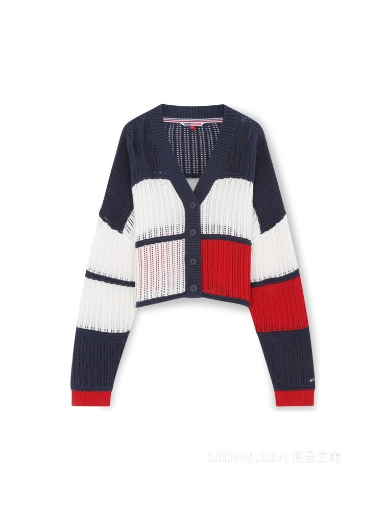 Tommy 22新款春夏女装经典红白蓝拼色短款纽扣针织开衫DW0DW12537