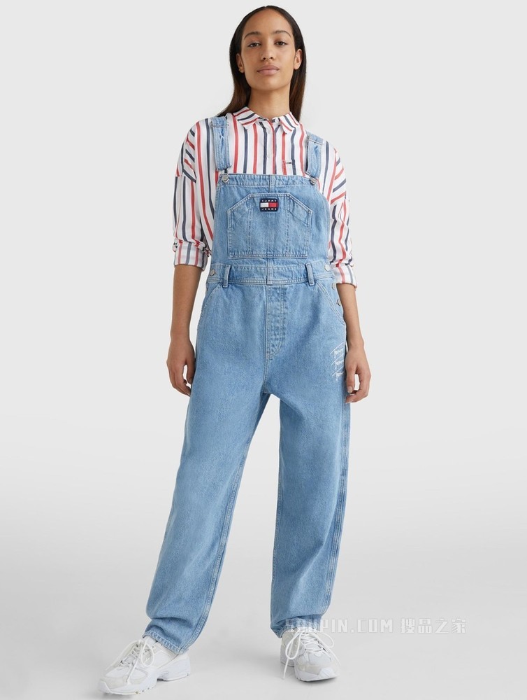Tommy 22新款春夏女装时尚签名字体刺绣 LOGO高腰牛仔背带裤12381