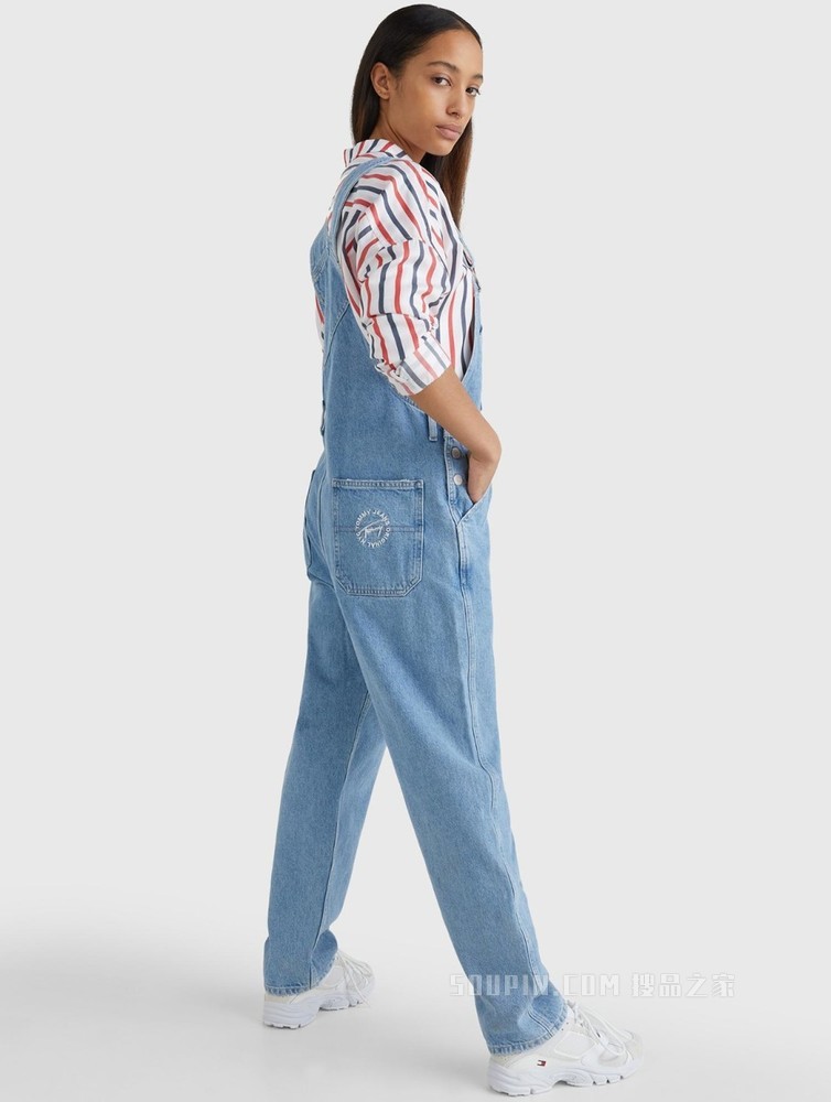 Tommy 22新款春夏女装时尚签名字体刺绣 LOGO高腰牛仔背带裤12381