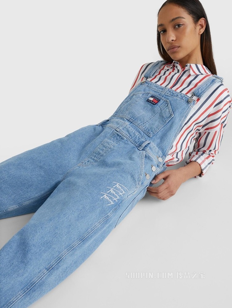 Tommy 22新款春夏女装时尚签名字体刺绣 LOGO高腰牛仔背带裤12381