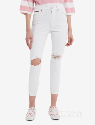 Tommy 22新款春夏女装时尚刺绣字母高腰破洞紧身牛仔裤DW0DW12392