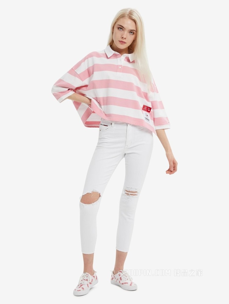 Tommy 22新款春夏女装时尚刺绣字母高腰破洞紧身牛仔裤DW0DW12392