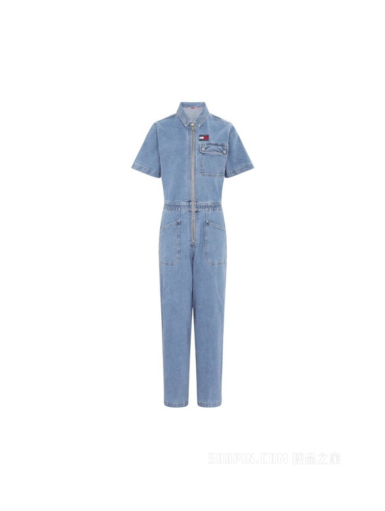 Tommy 22新款春夏女装潮流工装旗标拉链翻领牛仔连体衣DW0DW12422