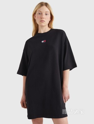 Tommy 22新款春夏女装休闲纯棉旗标绣片圆领宽松连衣裙DW0DW10370