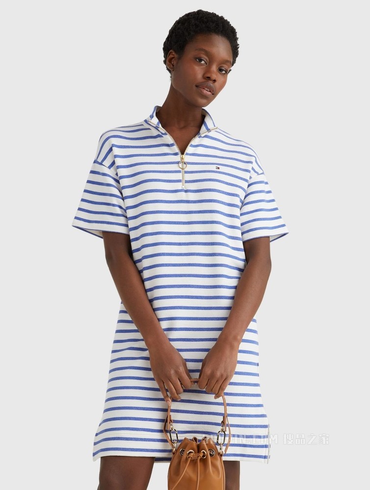 Tommy 22新款春夏女装时尚小高领条纹拉链半开襟宽松连衣裙34651