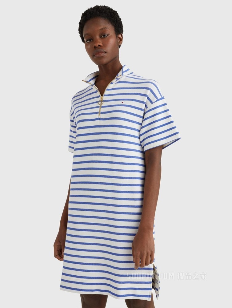 Tommy 22新款春夏女装时尚小高领条纹拉链半开襟宽松连衣裙34651
