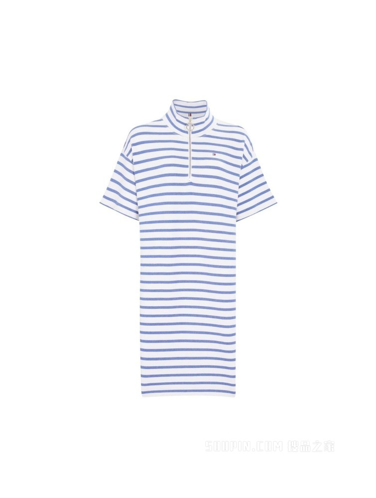 Tommy 22新款春夏女装时尚小高领条纹拉链半开襟宽松连衣裙34651