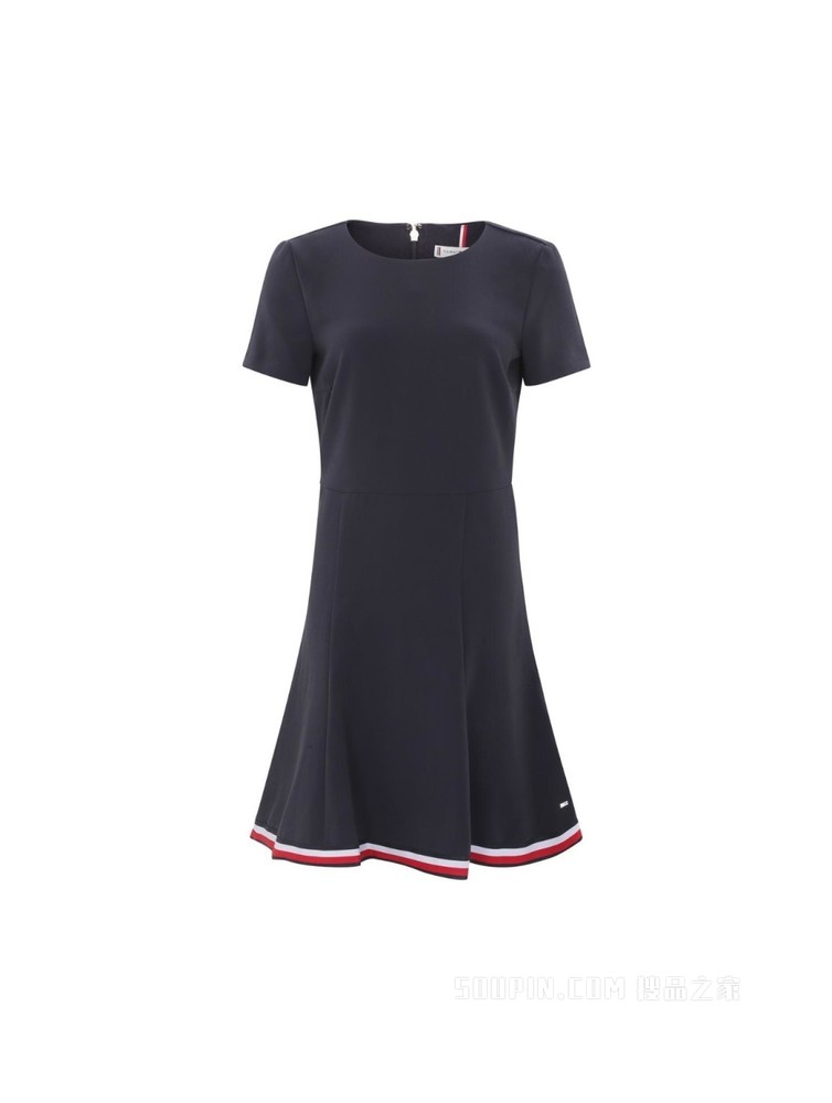 Tommy 22新款春夏女装时尚优雅条纹织带镶边短袖连衣裙WW0WW33223
