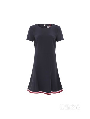 Tommy 22新款春夏女装时尚优雅条纹织带镶边短袖连衣裙WW0WW33223