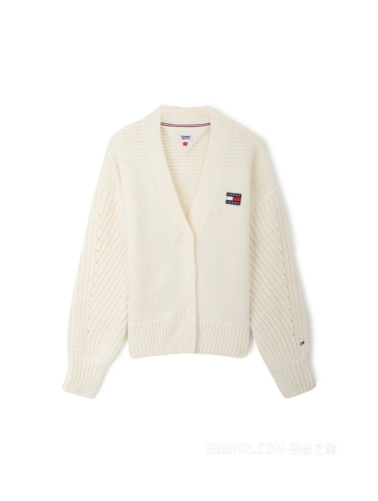 Tommy 22新款春季女装简约刺绣旗标宽松羊毛V领毛衣针织开衫12092