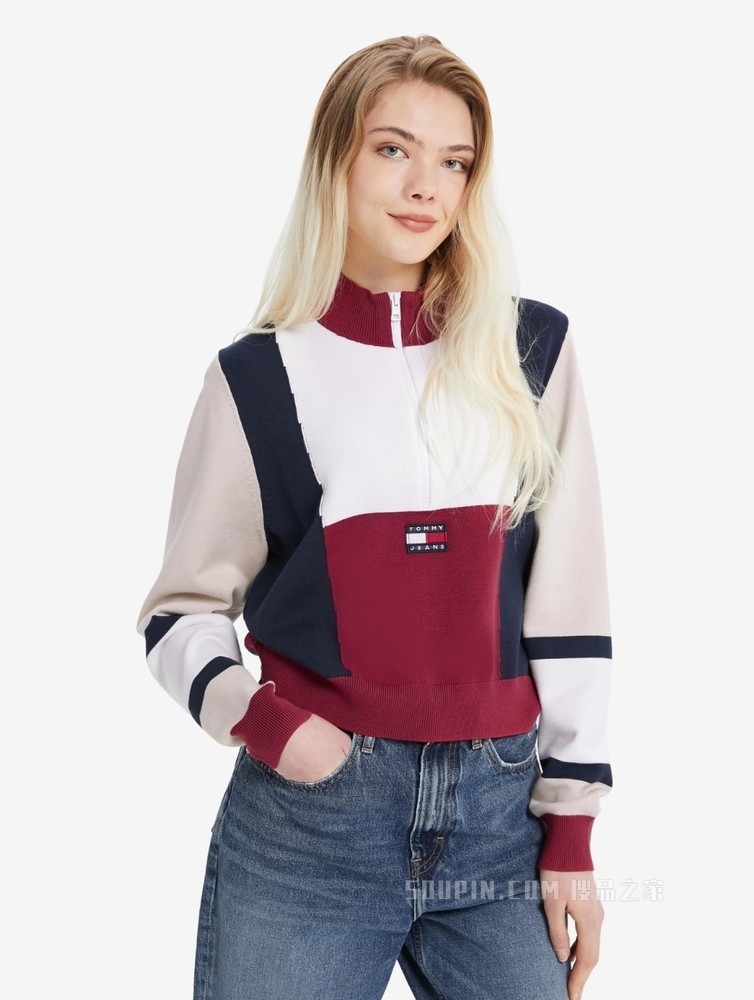 Tommy 22新款春季女装时尚拼色刺绣拉链半开襟毛衣针织衫12449