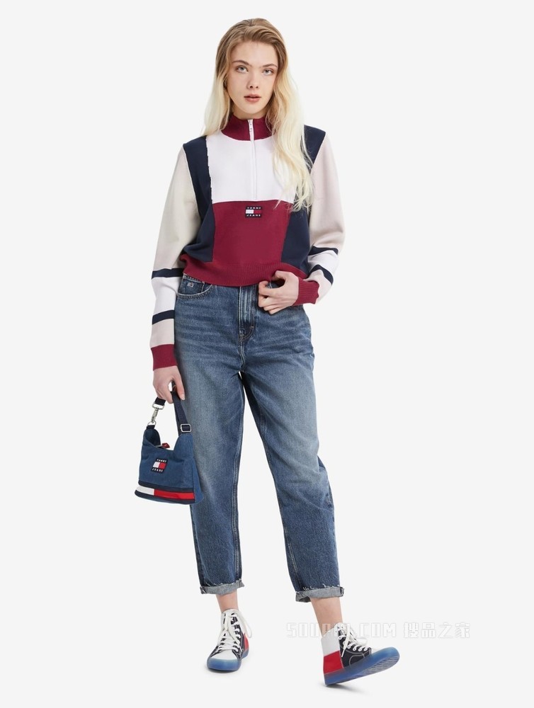 Tommy 22新款春季女装时尚拼色刺绣拉链半开襟毛衣针织衫12449