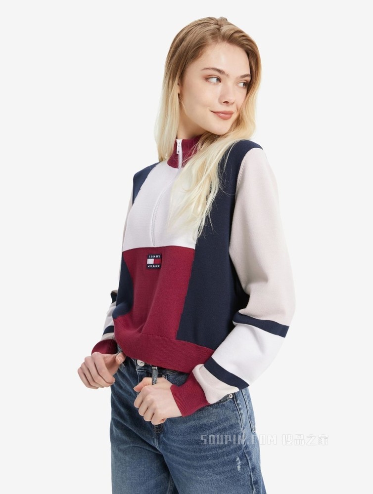 Tommy 22新款春季女装时尚拼色刺绣拉链半开襟毛衣针织衫12449