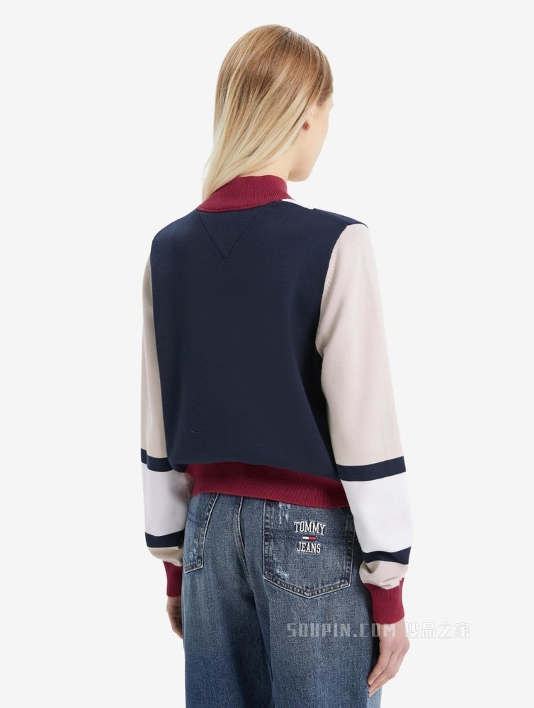 Tommy 22新款春季女装时尚拼色刺绣拉链半开襟毛衣针织衫12449