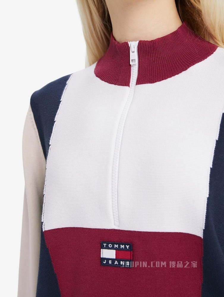 Tommy 22新款春季女装时尚拼色刺绣拉链半开襟毛衣针织衫12449