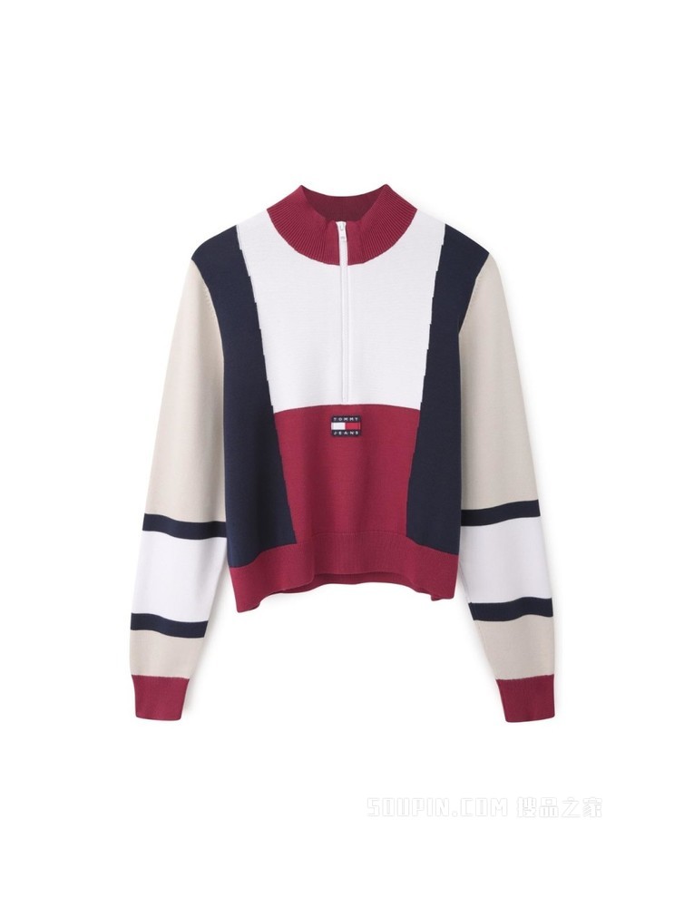 Tommy 22新款春季女装时尚拼色刺绣拉链半开襟毛衣针织衫12449