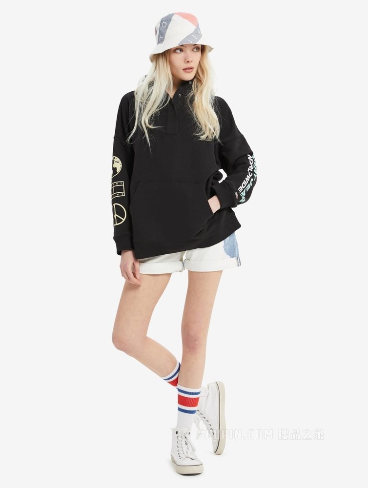 Tommy 22新款春季女装时尚潮流印花半开襟抽绳连帽宽松卫衣11813