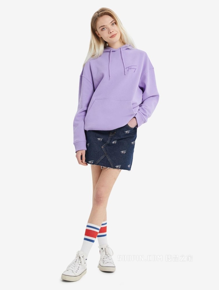 Tommy 22新款春季女装简约签字体刺绣连帽宽松加绒卫衣DW0DW11815
