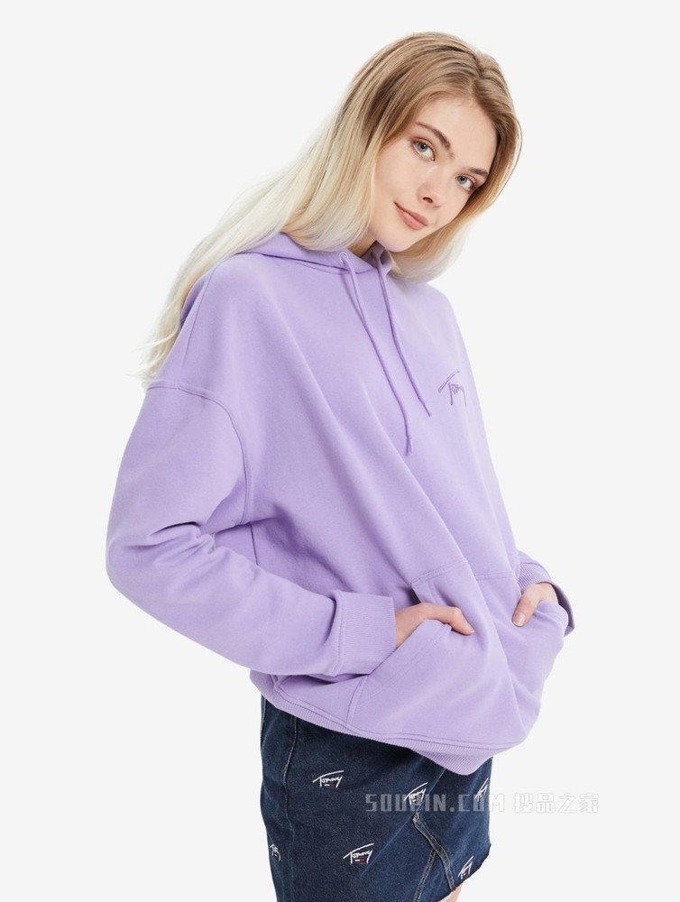 Tommy 22新款春季女装简约签字体刺绣连帽宽松加绒卫衣DW0DW11815
