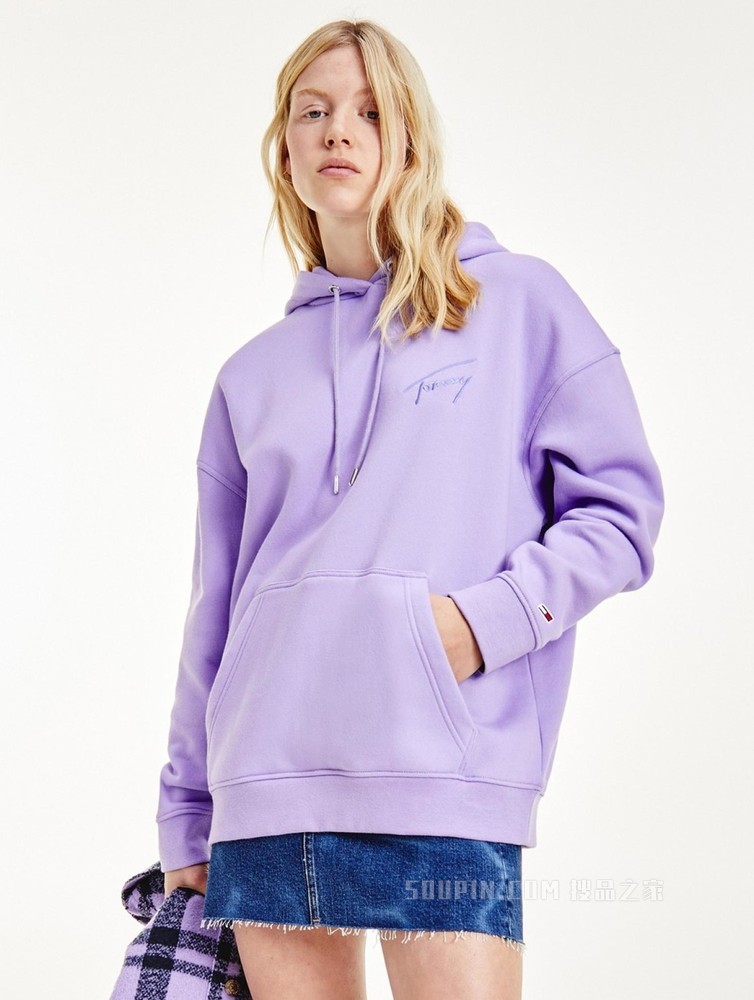 Tommy 22新款春季女装简约签字体刺绣连帽宽松加绒卫衣DW0DW11815