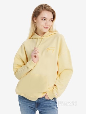 Tommy 22新款春季女装简约签字体刺绣连帽宽松加绒卫衣DW0DW11815