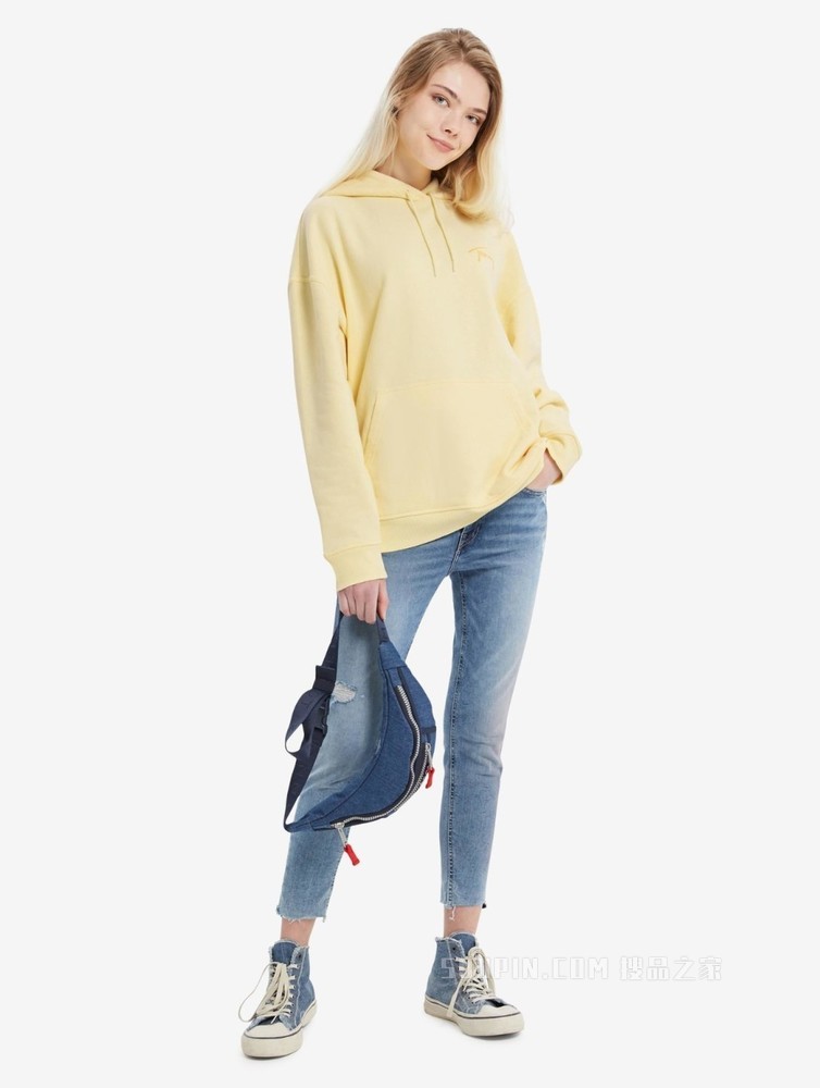 Tommy 22新款春季女装简约签字体刺绣连帽宽松加绒卫衣DW0DW11815