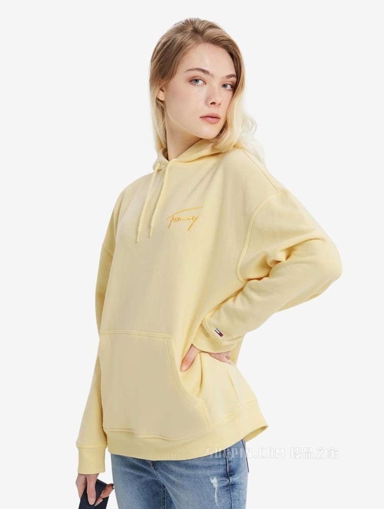 Tommy 22新款春季女装简约签字体刺绣连帽宽松加绒卫衣DW0DW11815