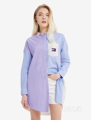 Tommy 22新款春夏女装休闲潮流纯棉拼色刺绣LOGO衬衫连衣裙12124