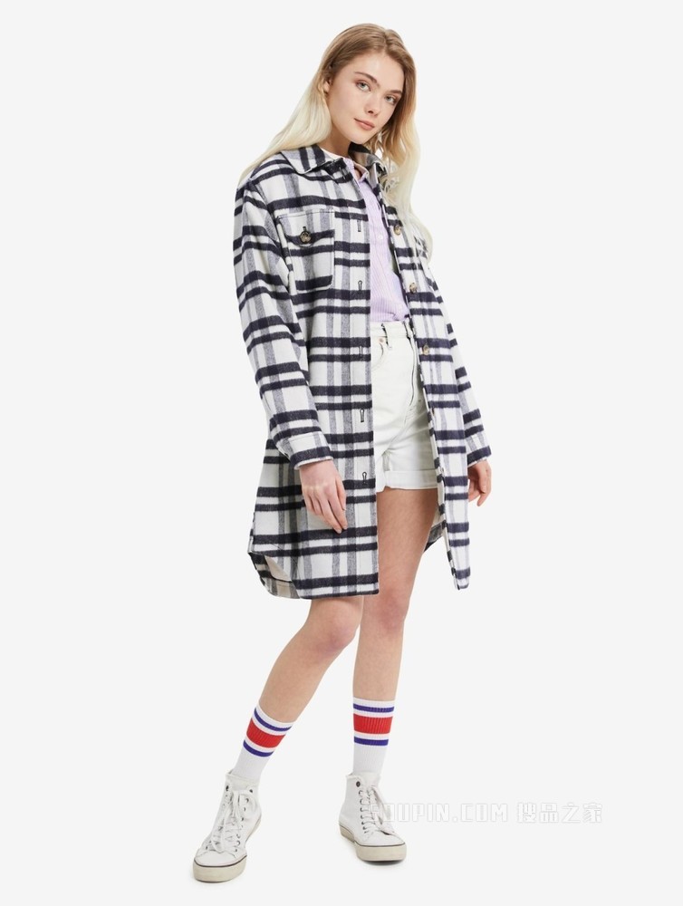 Tommy 22新款春季女装时尚格纹翻领刺绣旗标长款铺棉外套11848