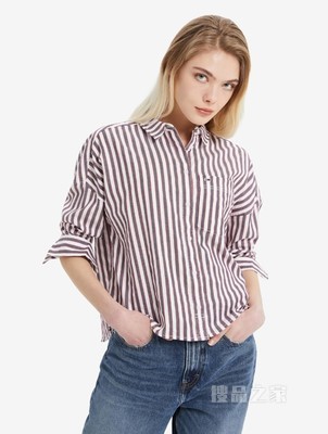 Tommy 22新款春夏女装休闲百搭纯棉条纹翻领小绣标衬衫DW0DW12085