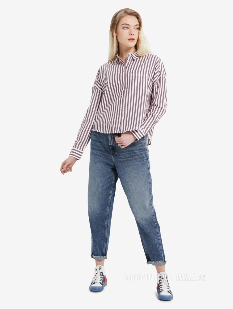 Tommy 22新款春夏女装休闲百搭纯棉条纹翻领小绣标衬衫DW0DW12085