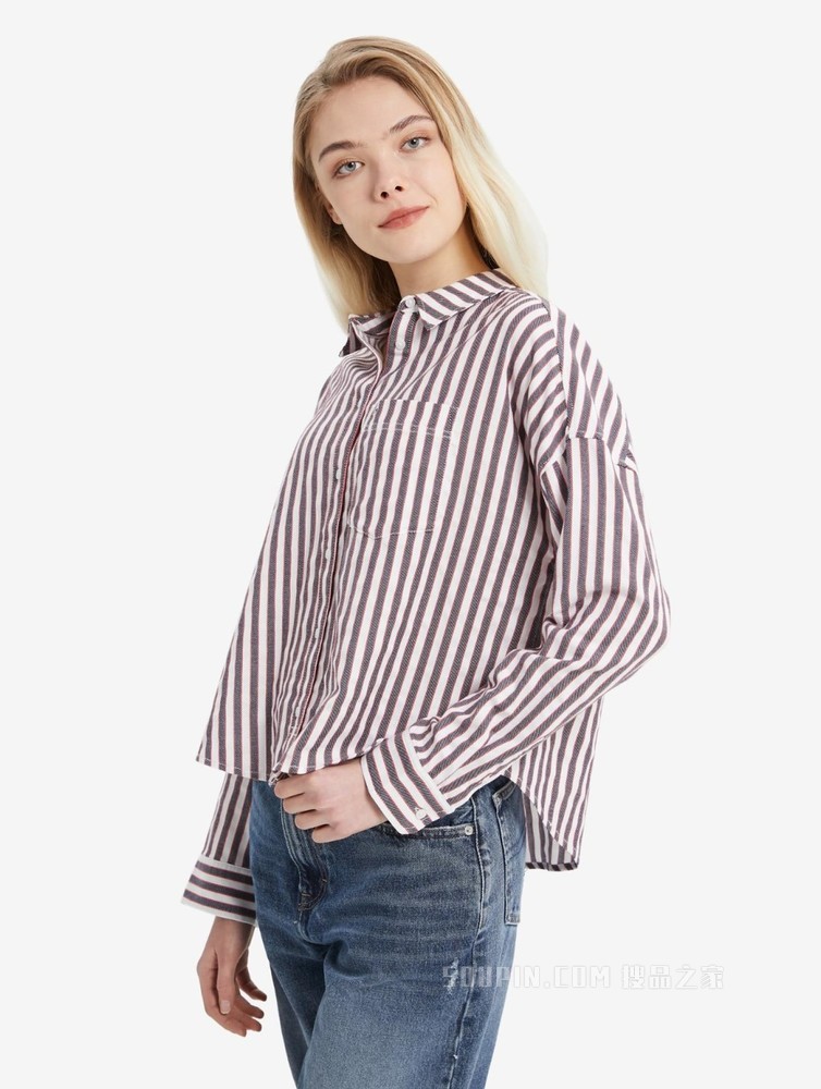Tommy 22新款春夏女装休闲百搭纯棉条纹翻领小绣标衬衫DW0DW12085