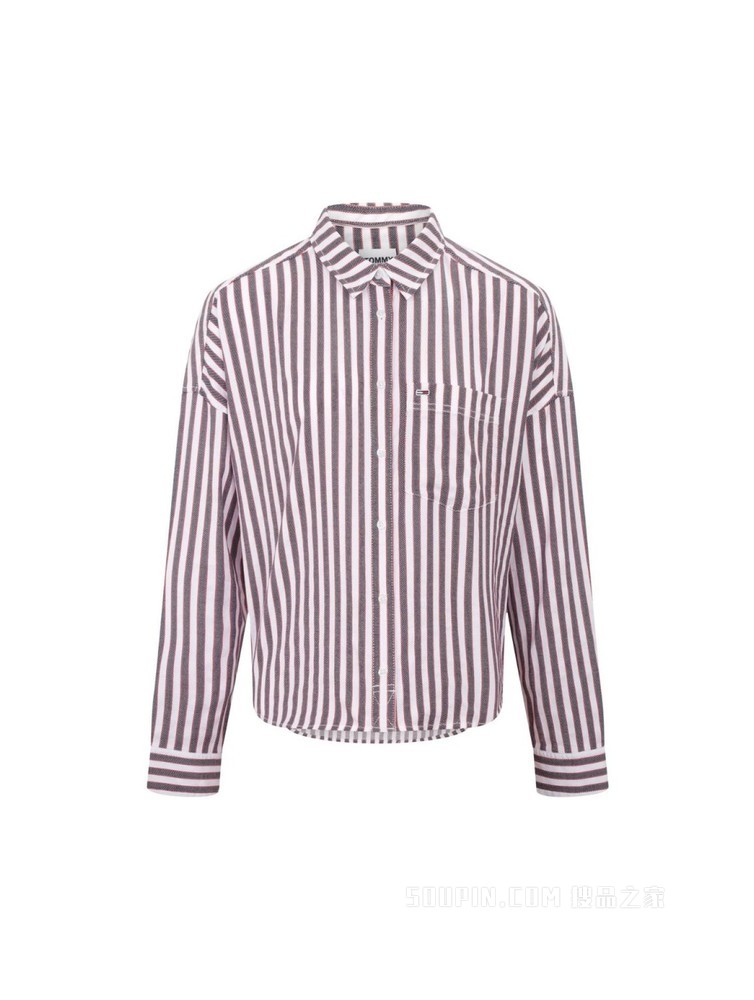 Tommy 22新款春夏女装休闲百搭纯棉条纹翻领小绣标衬衫DW0DW12085