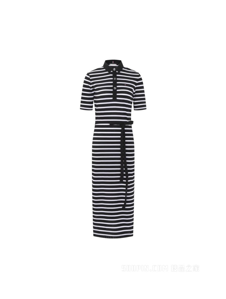 Tommy 春夏女装休闲通勤条纹系带收腰翻领针织连衣裙WW0WW30370