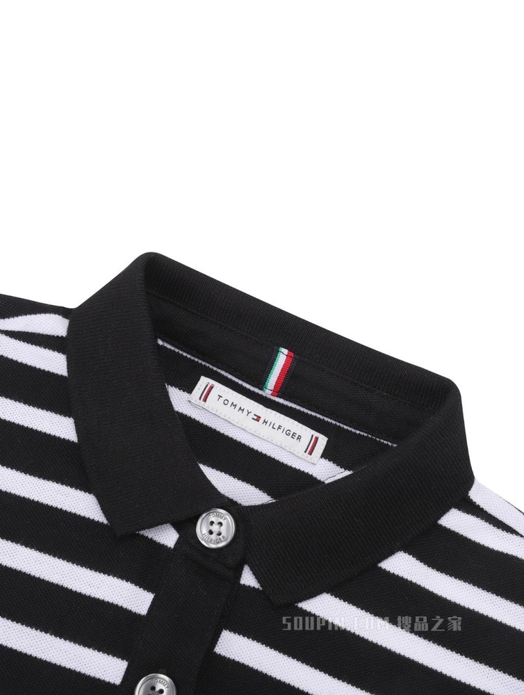 Tommy 春夏女装休闲通勤条纹系带收腰翻领针织连衣裙WW0WW30370