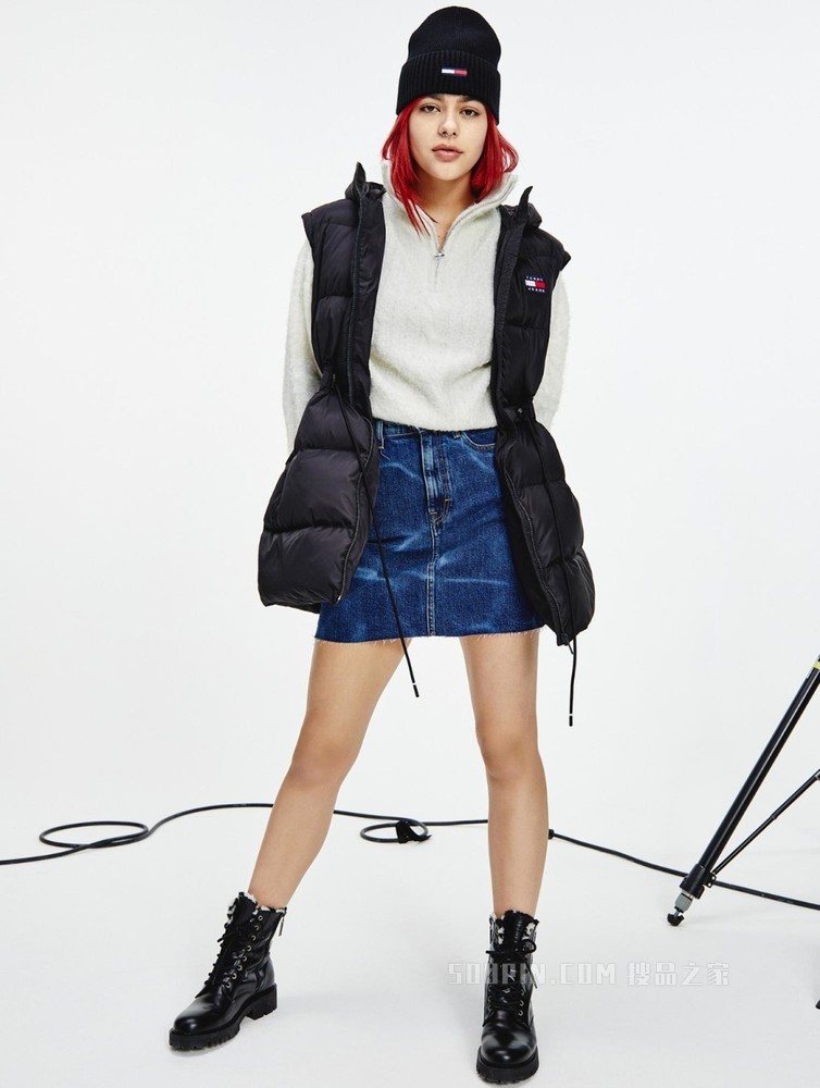 Tommy 22新款春季女装灰鸭绒刺绣可脱卸袖收腰中长款羽绒服11843