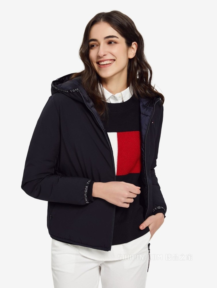 Tommy 22新款春季女装两面穿小绣标连帽铺棉夹克外套WW0WW33108