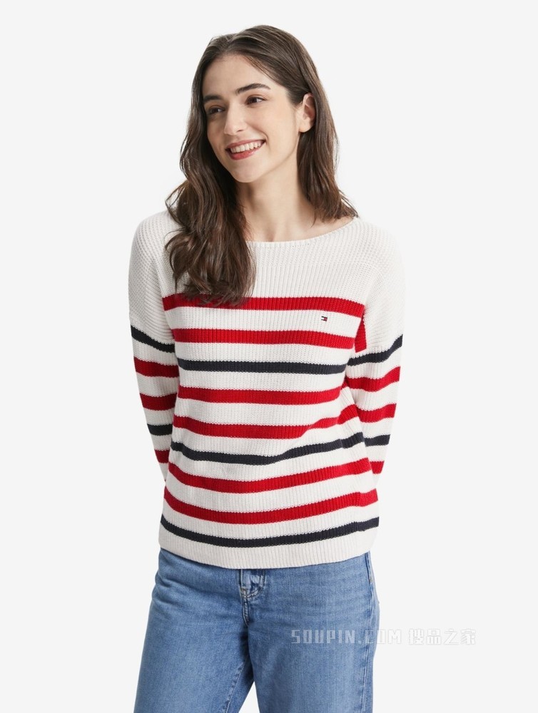 Tommy 22新款春夏女装刺绣旗标一字领条纹宽松针织毛衣WW0WW33055