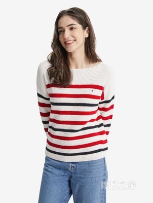 Tommy 22新款春夏女装刺绣旗标一字领条纹宽松针织毛衣WW0WW33055