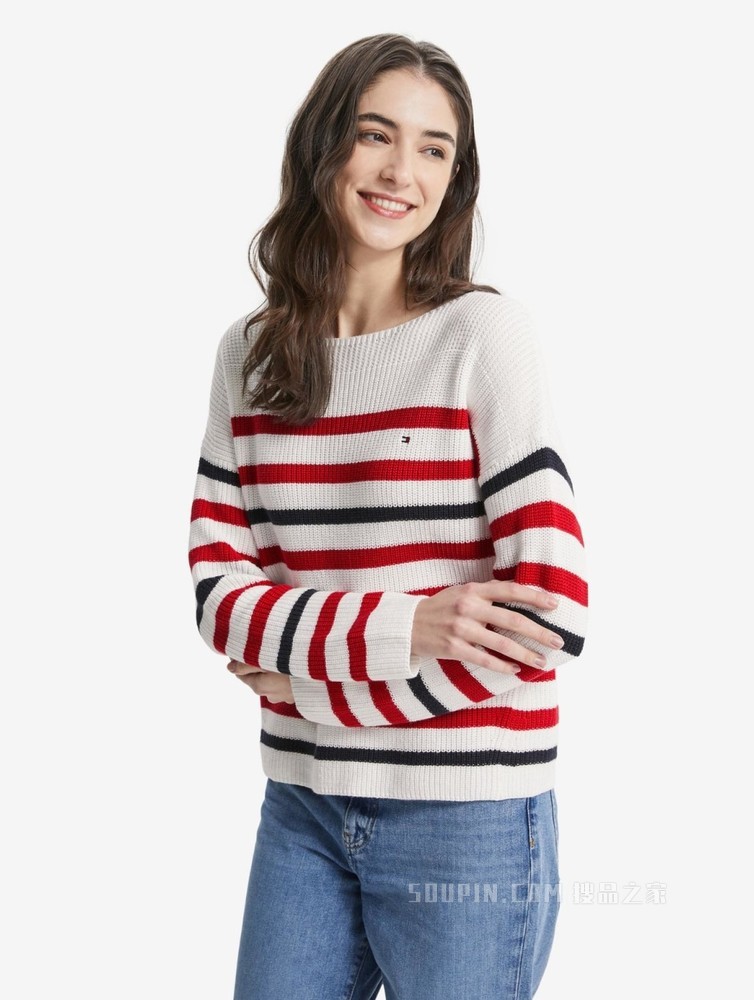 Tommy 22新款春夏女装刺绣旗标一字领条纹宽松针织毛衣WW0WW33055