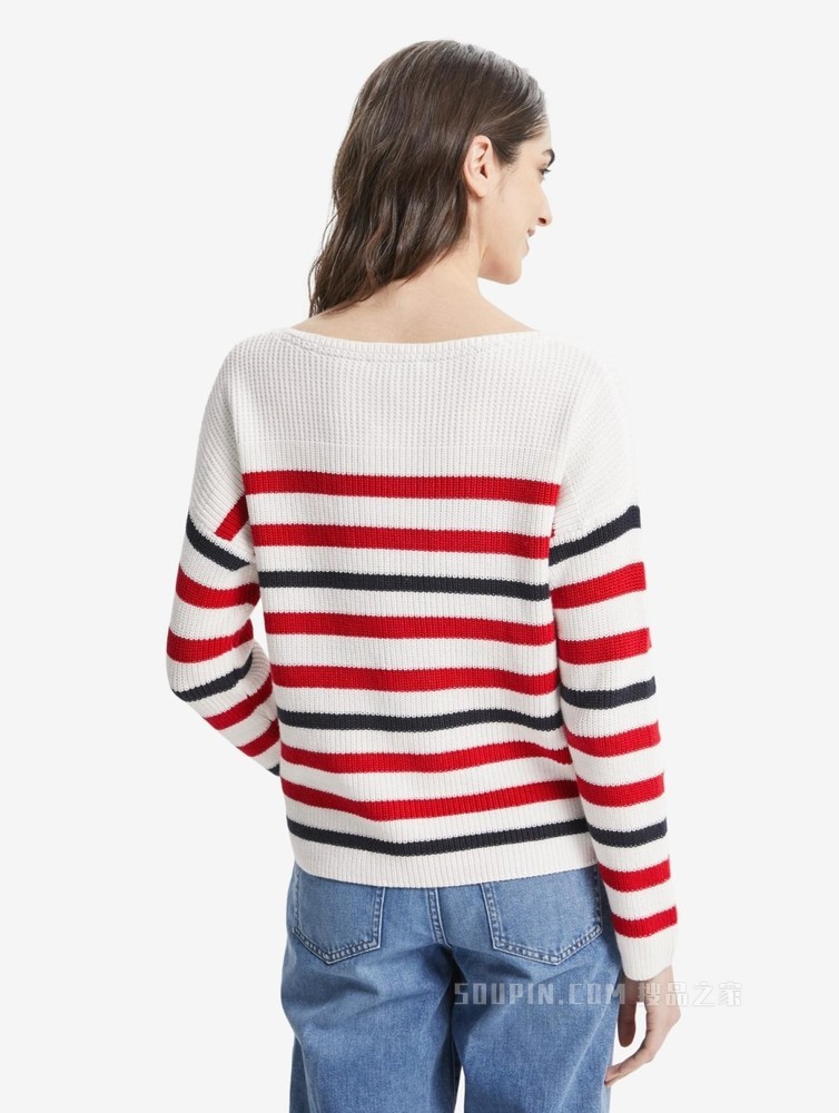Tommy 22新款春夏女装刺绣旗标一字领条纹宽松针织毛衣WW0WW33055