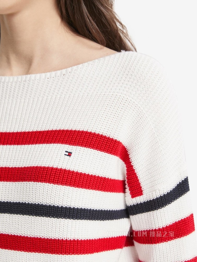 Tommy 22新款春夏女装刺绣旗标一字领条纹宽松针织毛衣WW0WW33055
