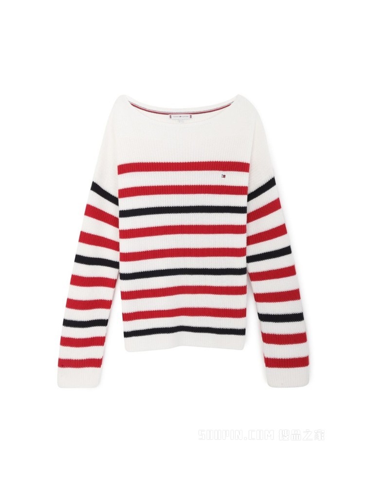 Tommy 22新款春夏女装刺绣旗标一字领条纹宽松针织毛衣WW0WW33055