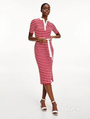 Tommy 春夏女装休闲通勤条纹系带收腰翻领针织连衣裙WW0WW30370